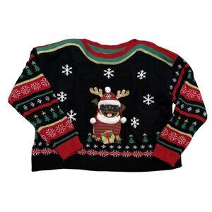 Blizzard Bay XL Christmas Sweater Pug Antlers Pom Poms Design Black Red Green